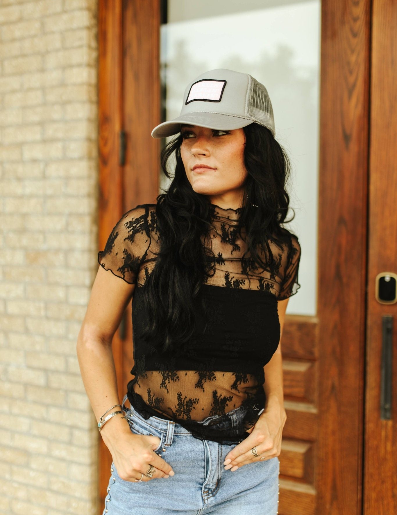 Lace Mesh Short Sleeve TopBlackS