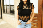 Lace Mesh Short Sleeve TopBlackS