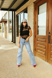 Lace Mesh Short Sleeve TopBlackS