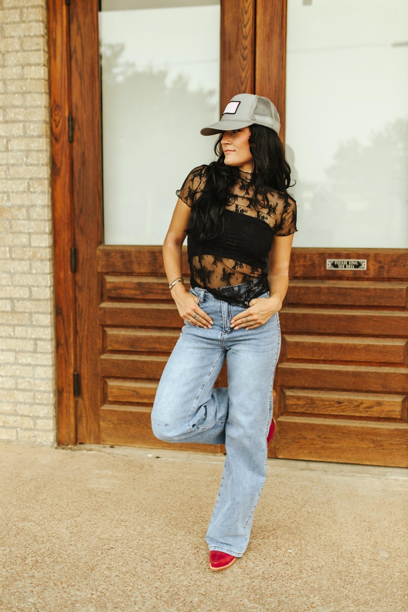 Lace Mesh Short Sleeve TopBlackS