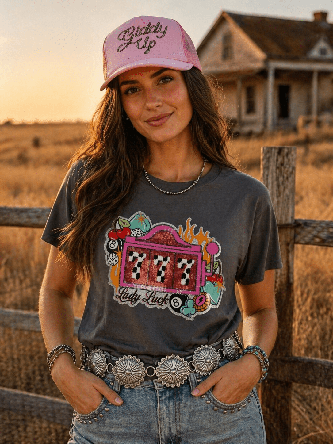 Lady Luck Slot Machine Sequin Patch TeeHeather Charcoal GreyS