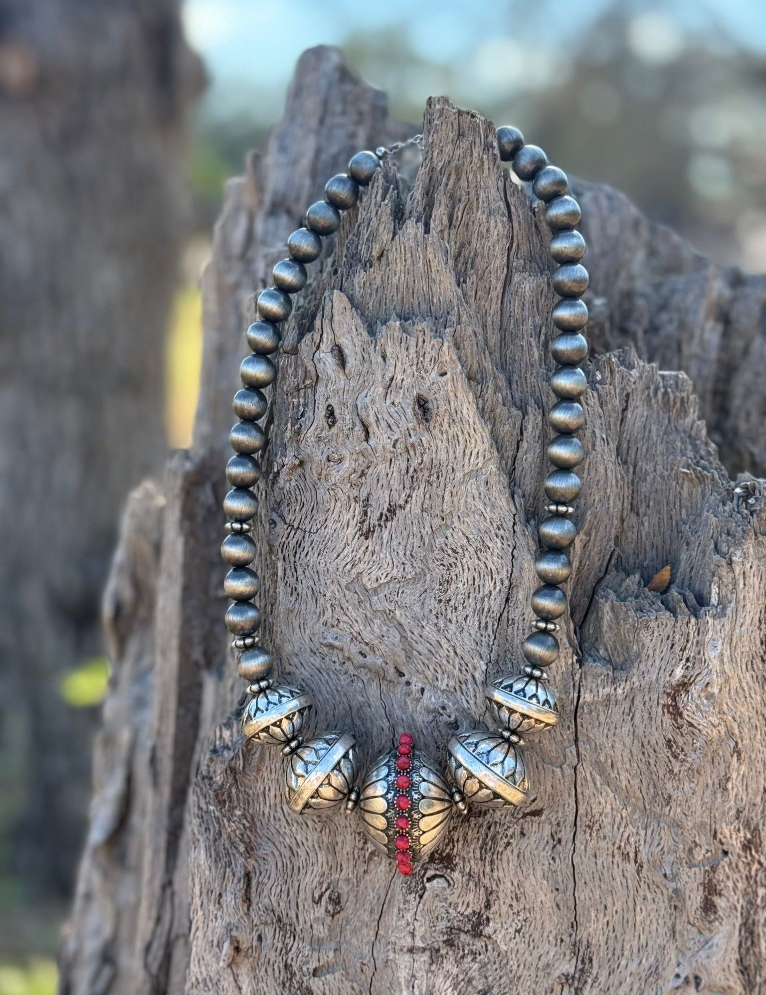 Large Red Stone Saucer Beaded Necklace