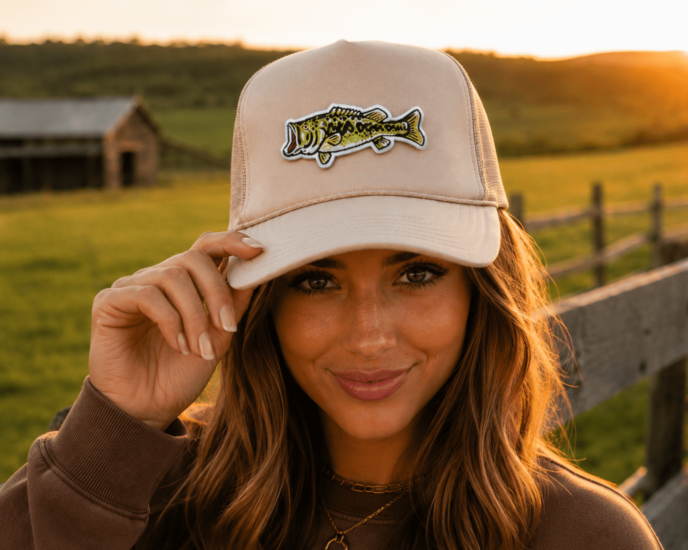 Largemouth Bass Patch Trucker HatTan