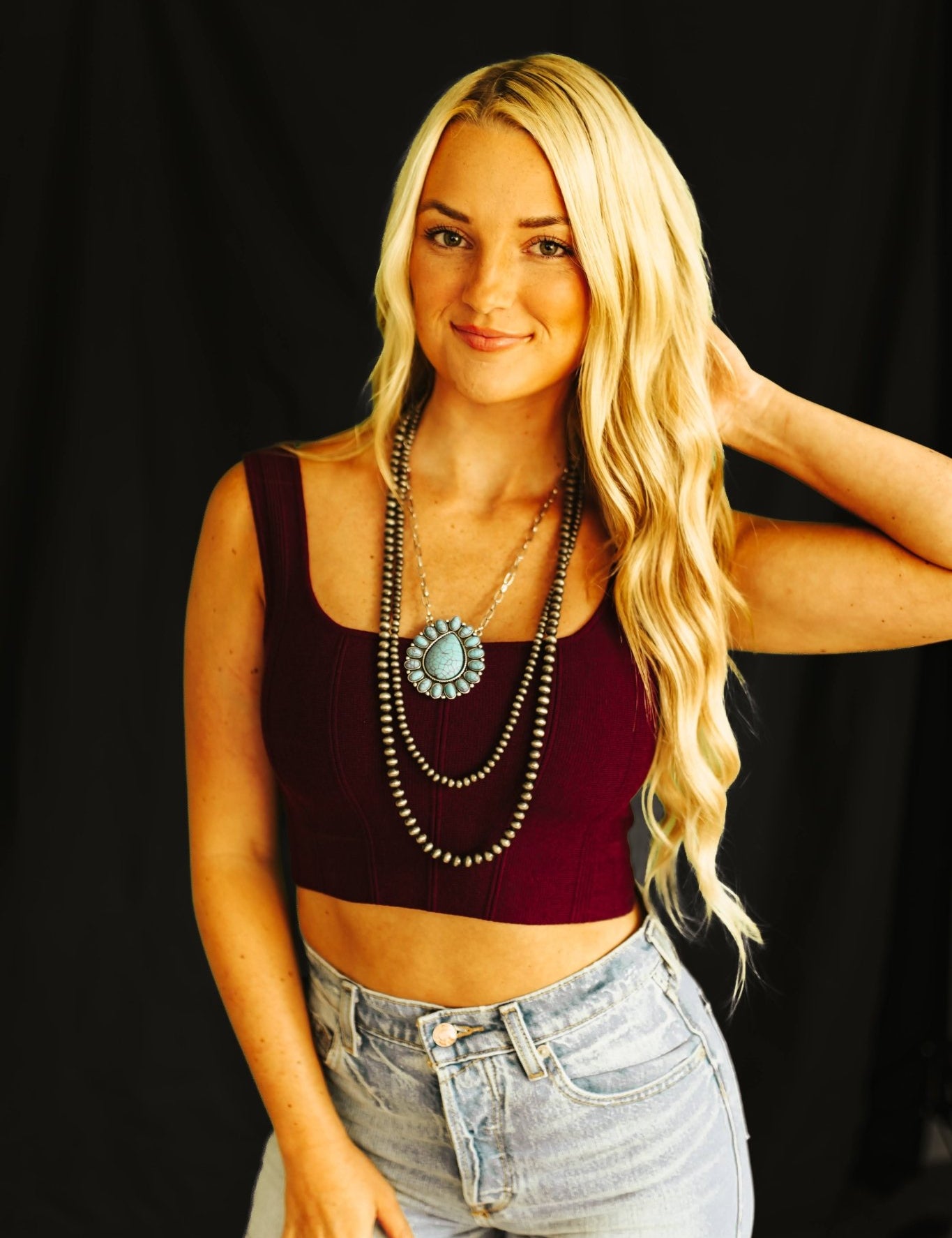 Layered Silver Pearl and Chain Turquoise Cluster NecklaceTurquoiseOS