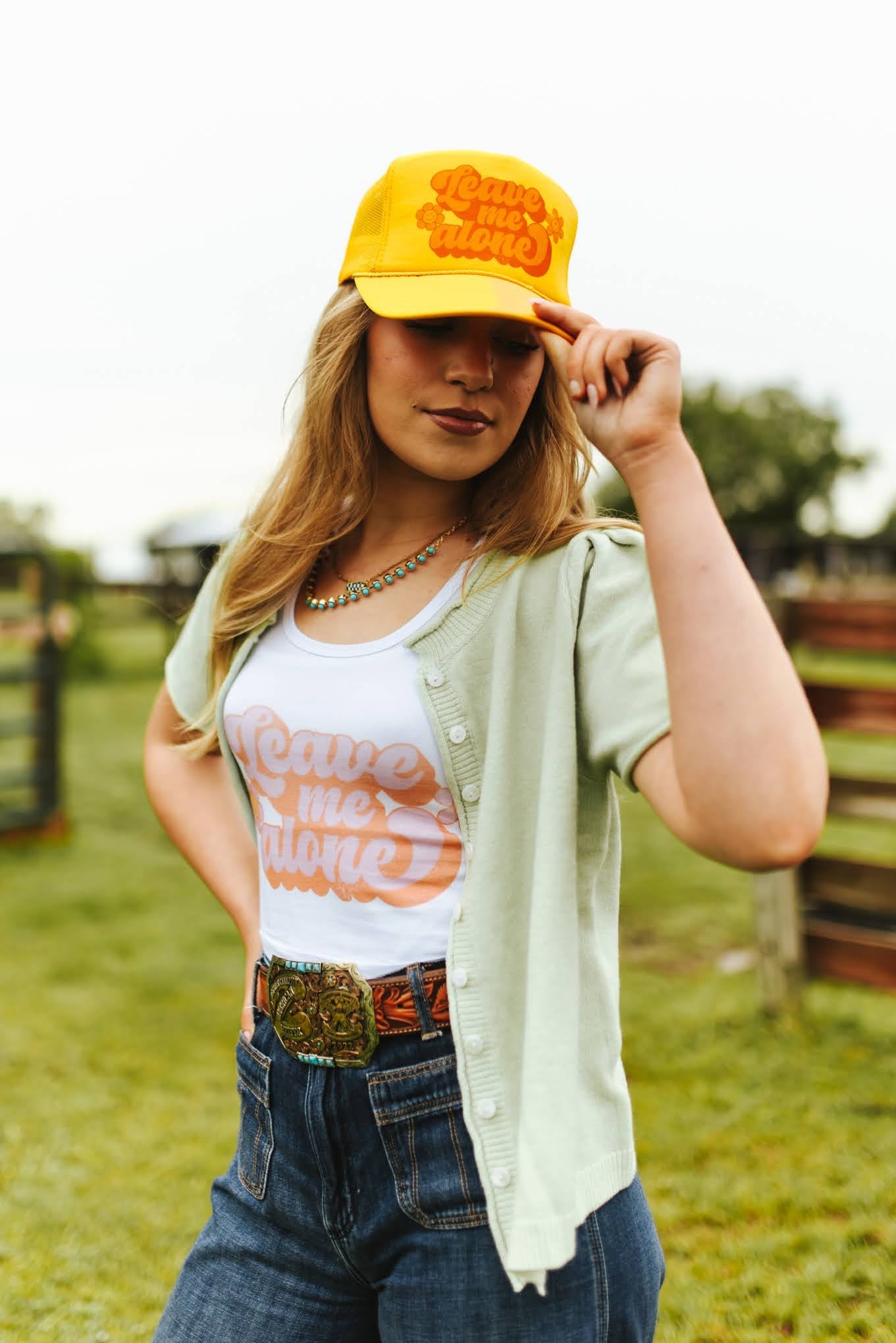 Leave Me Alone Retro Flower Trucker HatGold