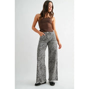 High-Rise Leopard Wide Leg Frayed Hem Pants