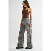 High-Rise Leopard Wide Leg Frayed Hem Pants