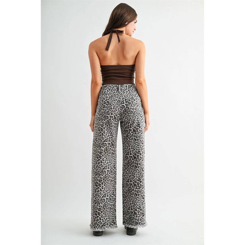 High-Rise Leopard Wide Leg Frayed Hem Pants