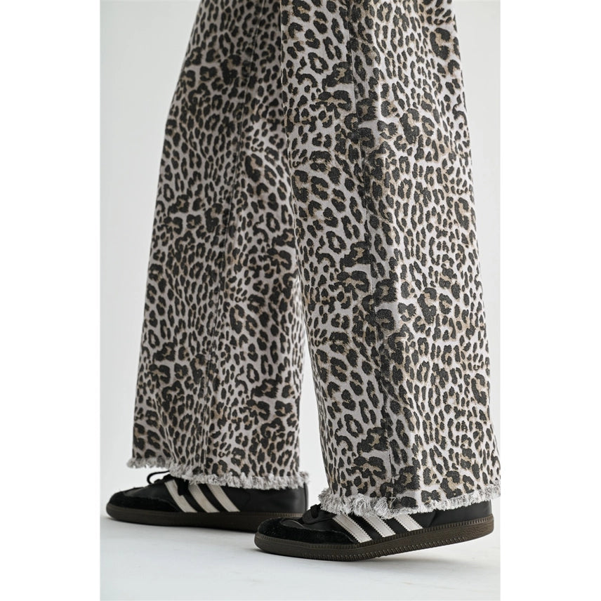 High-Rise Leopard Wide Leg Frayed Hem Pants