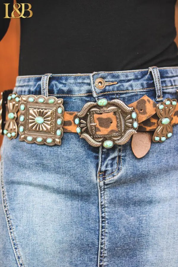 Leopard Ribbon Square Concho Genuine Leather BeltS