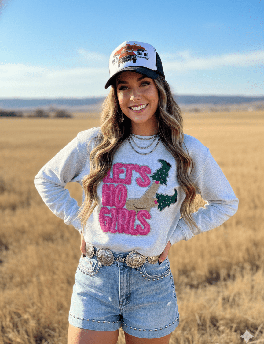 Let's Ho Girls Christmas Glitter Embroidered Patch SweatshirtOatmealS