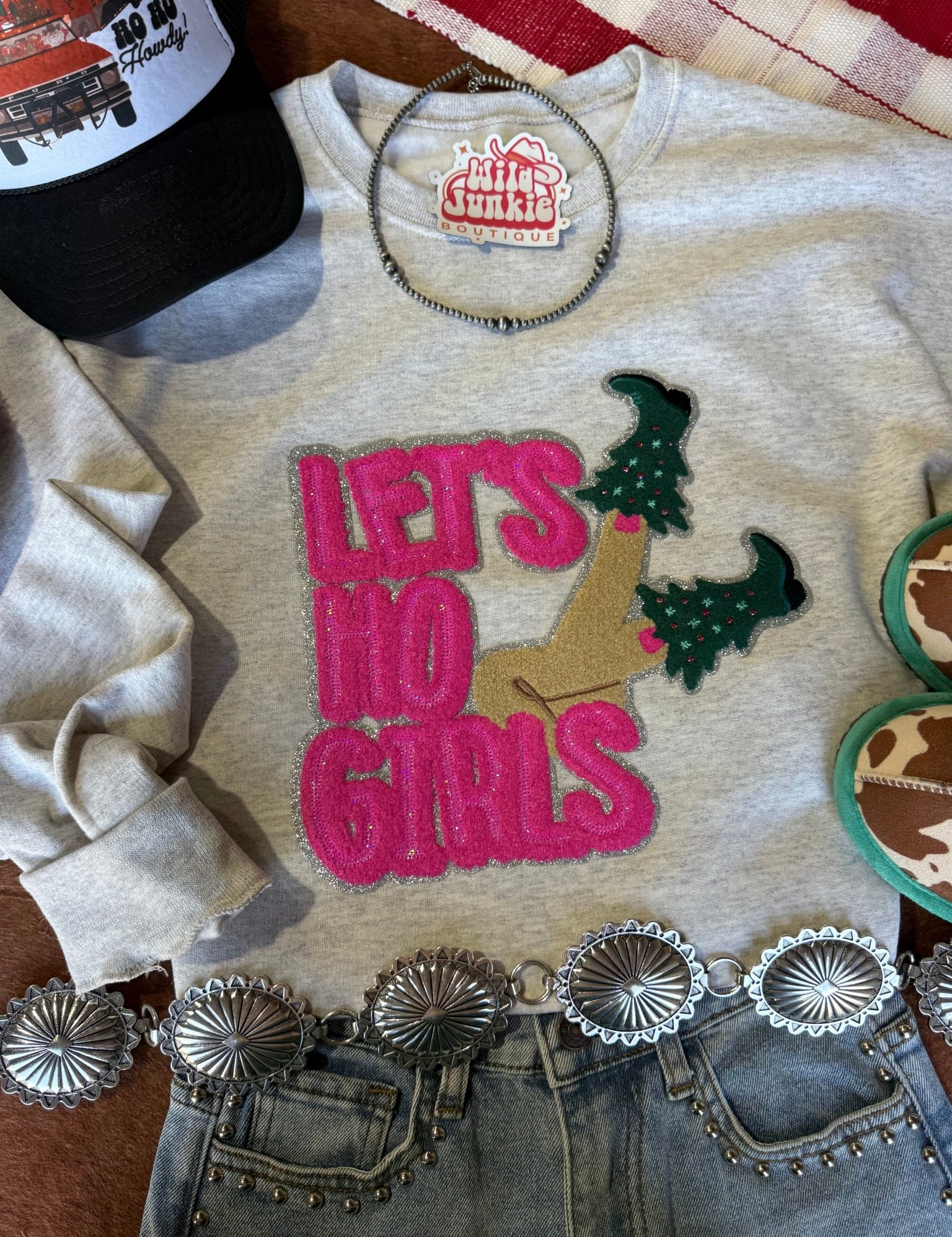 Let's Ho Girls Christmas Glitter Embroidered Patch SweatshirtOatmealS