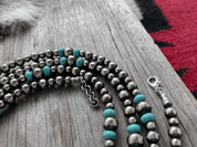 Long Silver Pearl and Turquoise Necklace