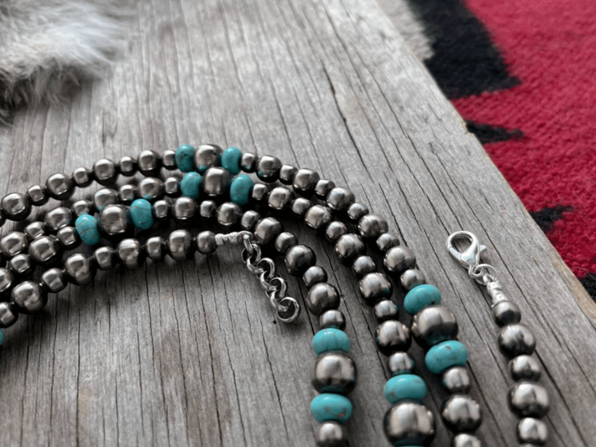 Long Silver Pearl and Turquoise Necklace