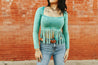 Long Sleeve Teal Fringe TopS