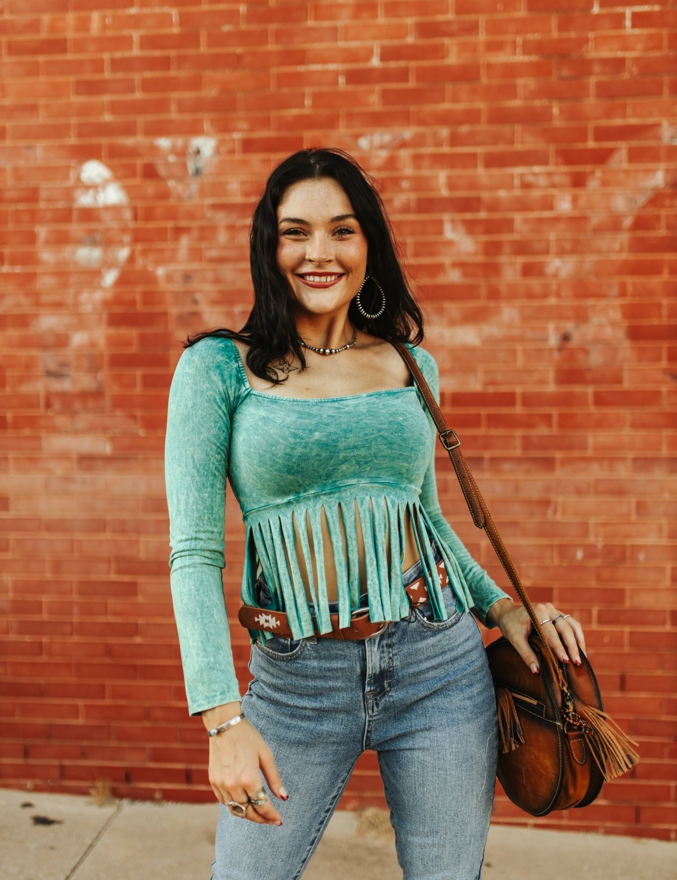Long Sleeve Teal Fringe TopS