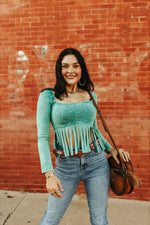 Long Sleeve Teal Fringe TopS