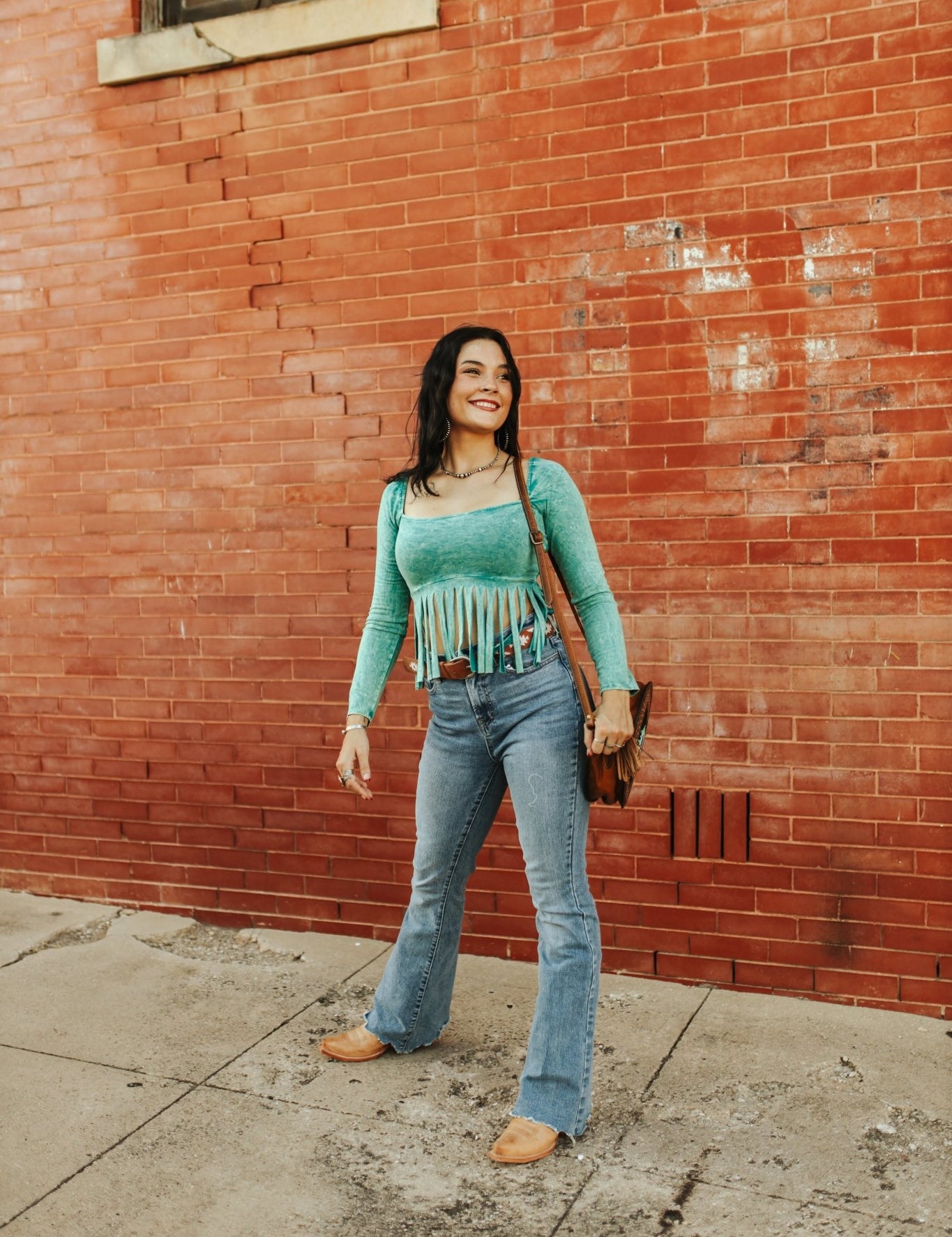 Long Sleeve Teal Fringe TopS