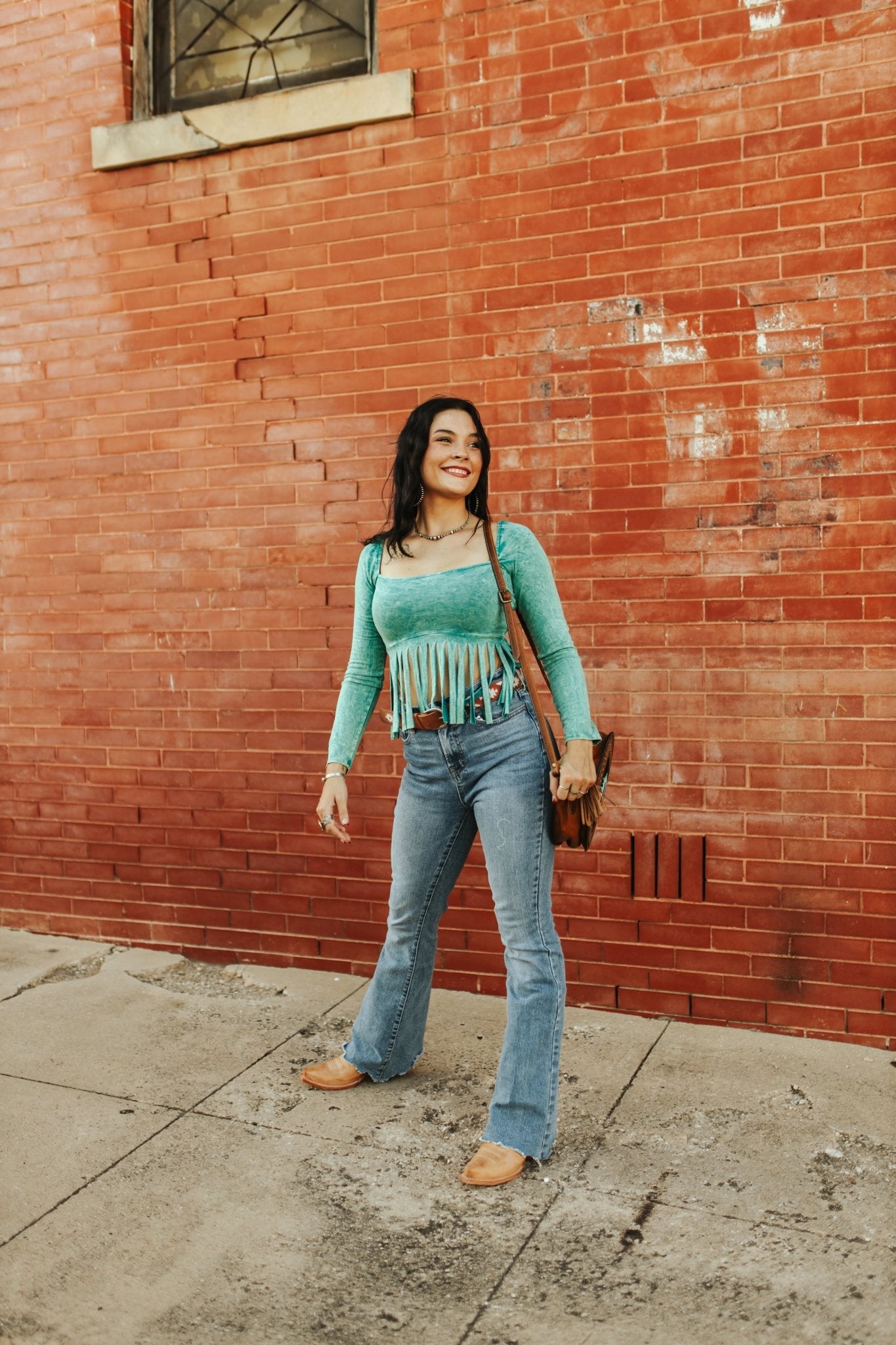 Long Sleeve Teal Fringe TopS
