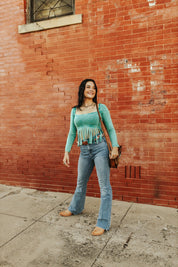 Long Sleeve Teal Fringe TopS