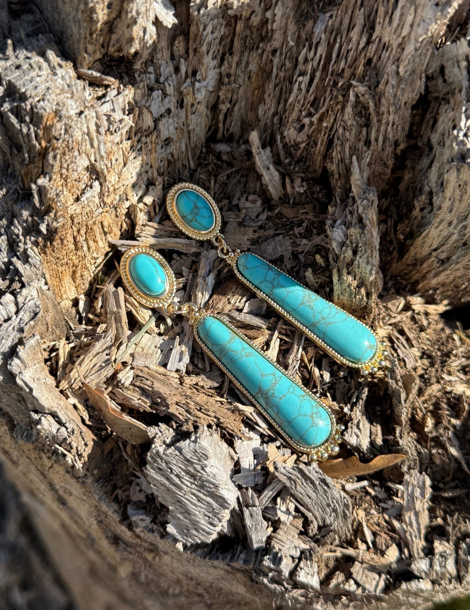 Long Turquoise Gold Post Earrings