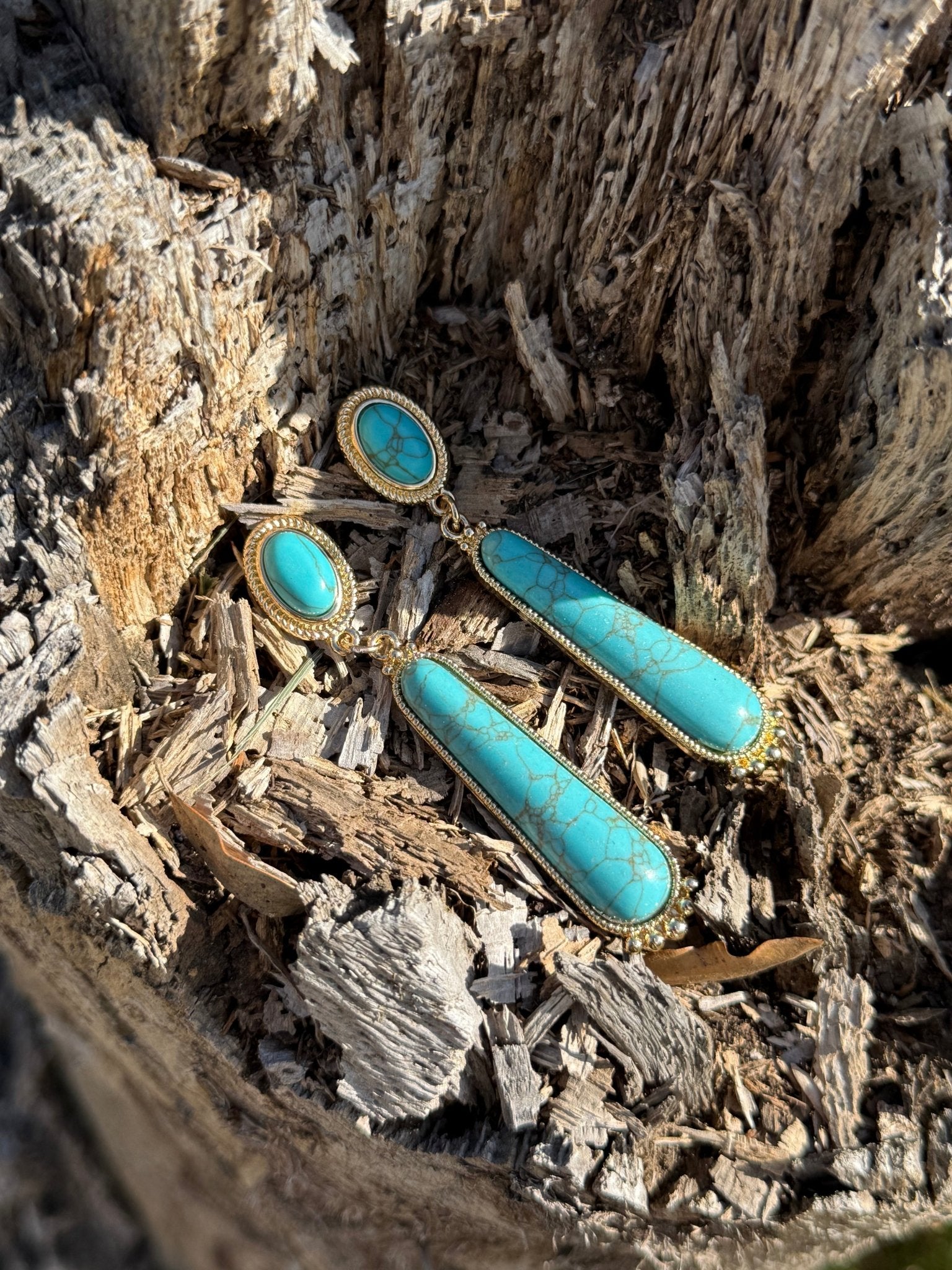Long Turquoise Gold Post Earrings