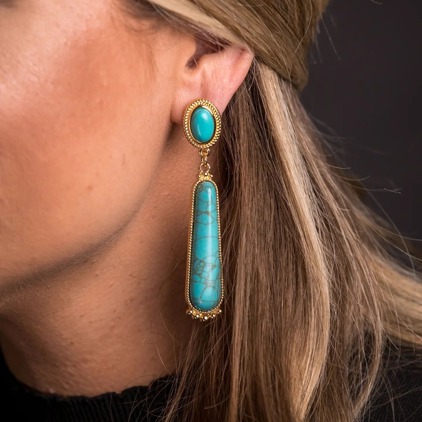 Long Turquoise Gold Post Earrings