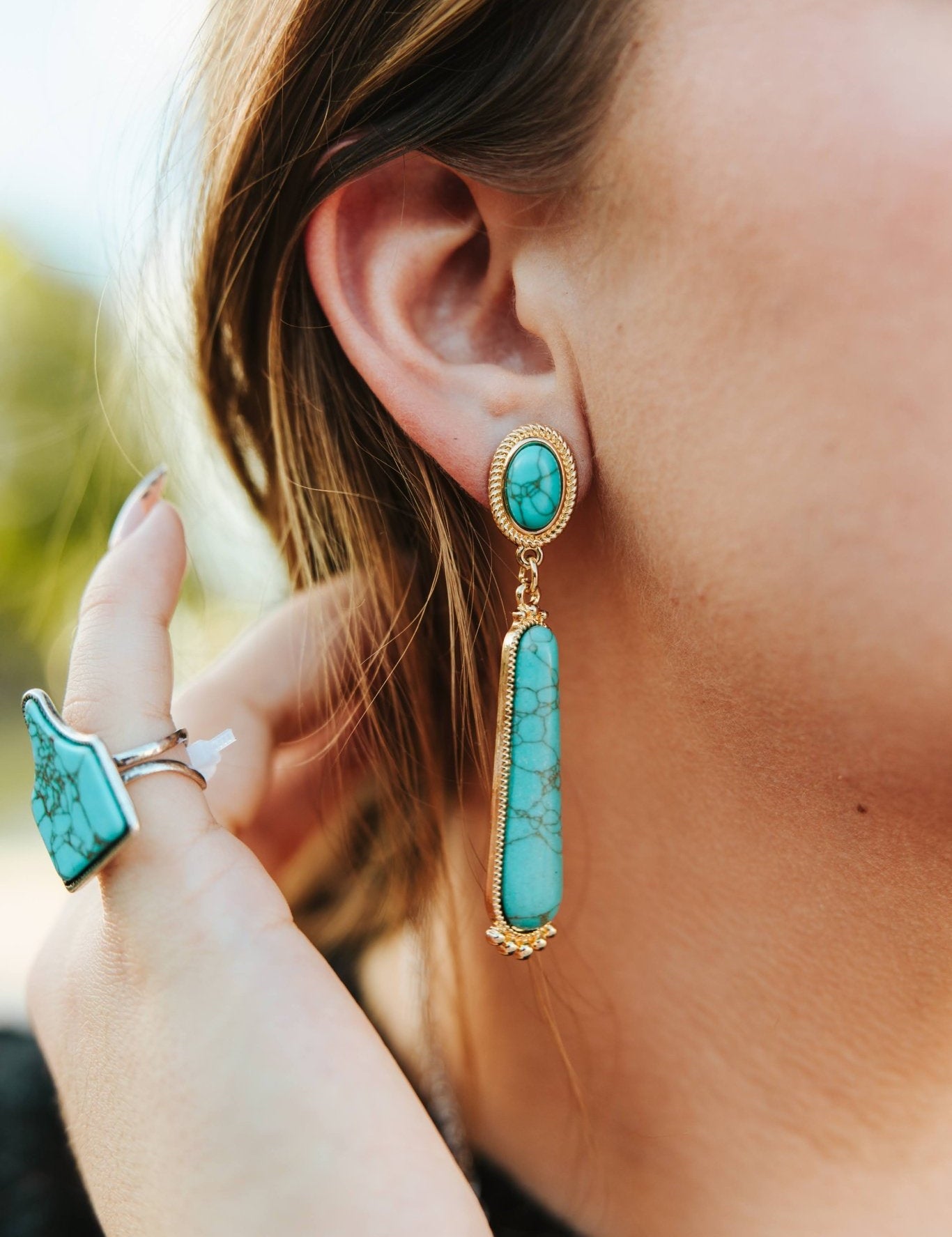 Long Turquoise Gold Post Earrings