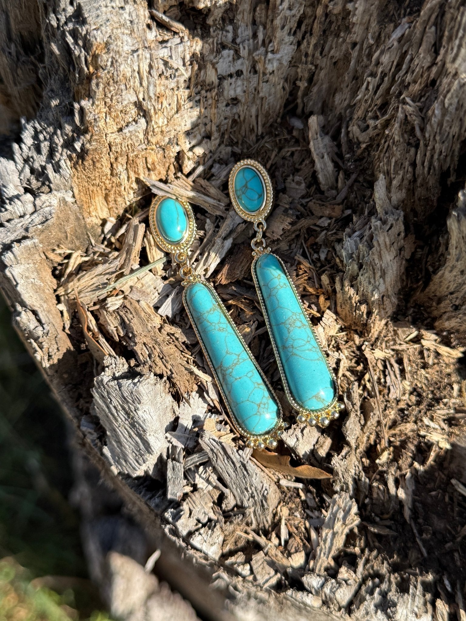 Long Turquoise Gold Post Earrings