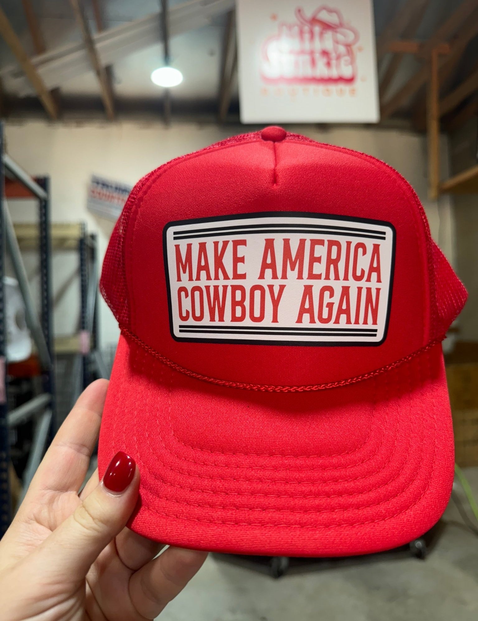 Make America Cowboy Again Banner Trucker HatRedOS