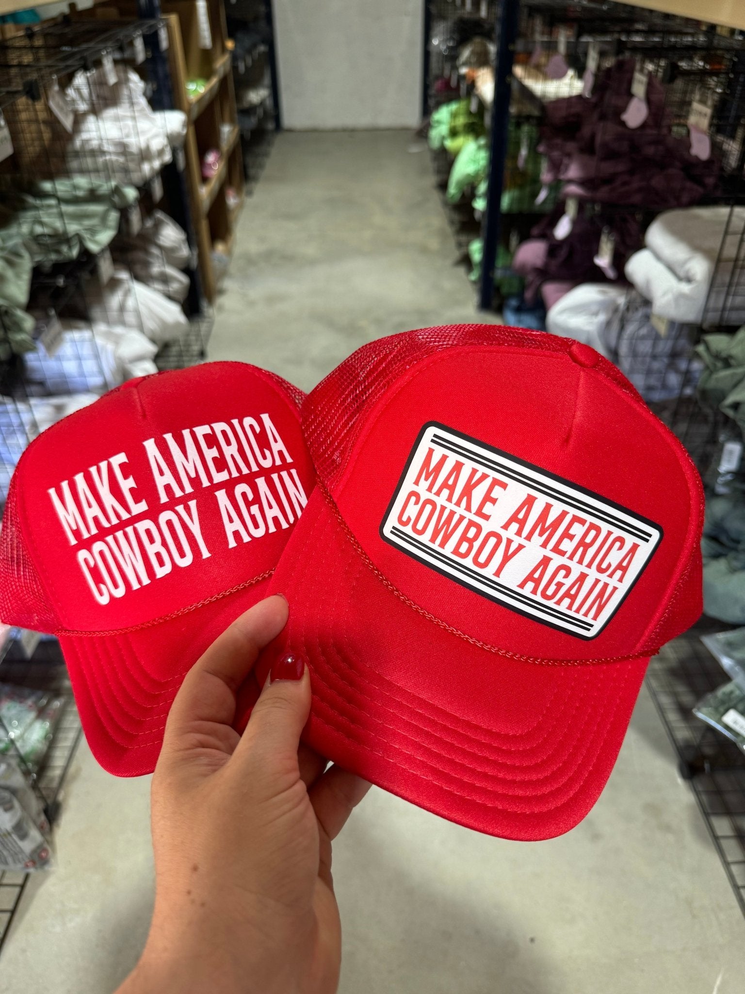 Make America Cowboy Again Banner Trucker HatRedOS