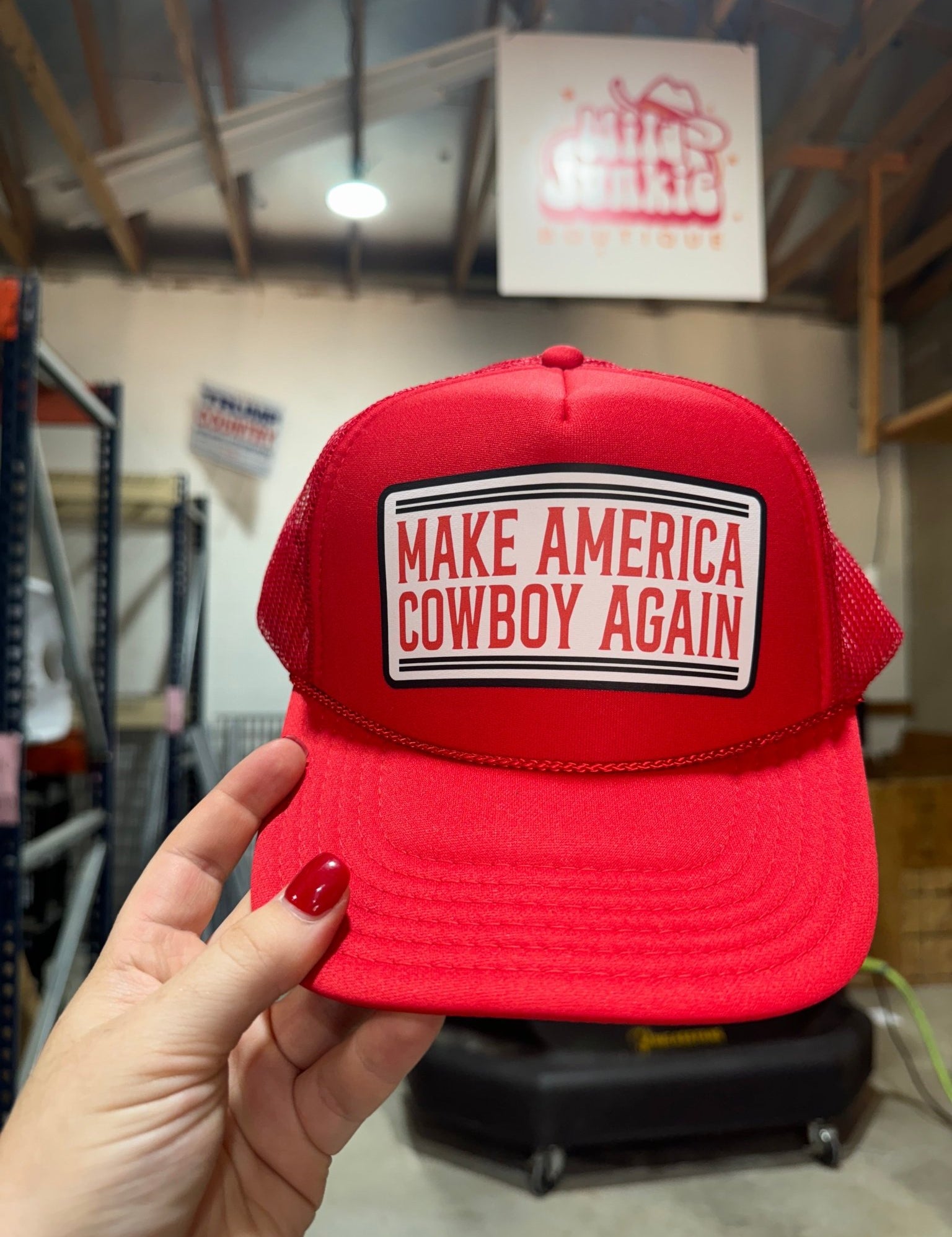 Make America Cowboy Again Banner Trucker HatRedOS