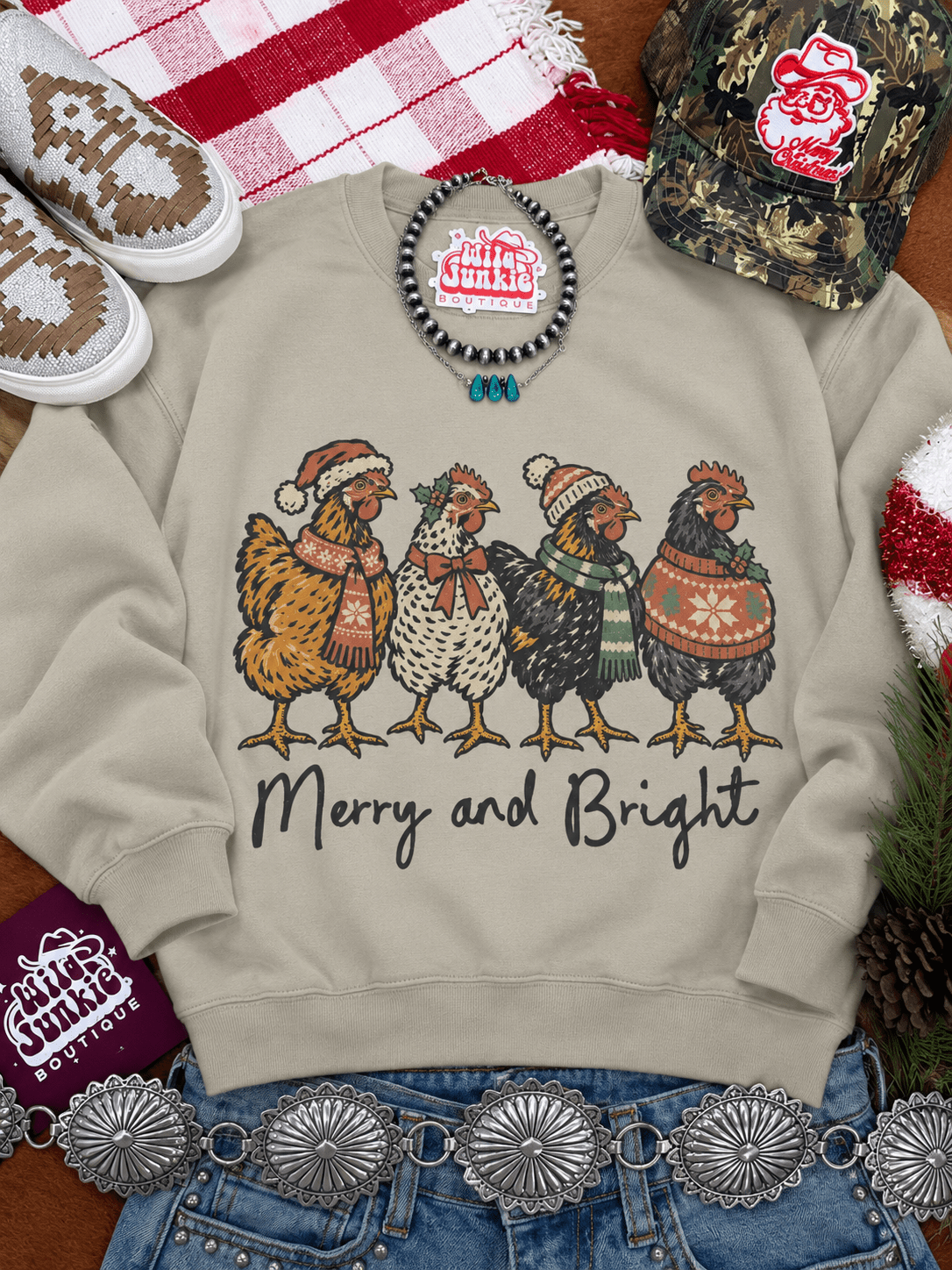 Merry And Bright Christmas Chickens Graphic SweatshirtSandS