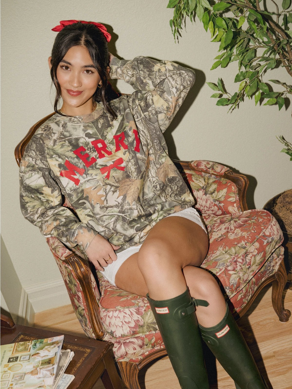 Merry Bow Christmas Tree Camo Graphic Sweatshirt - PREORDERS