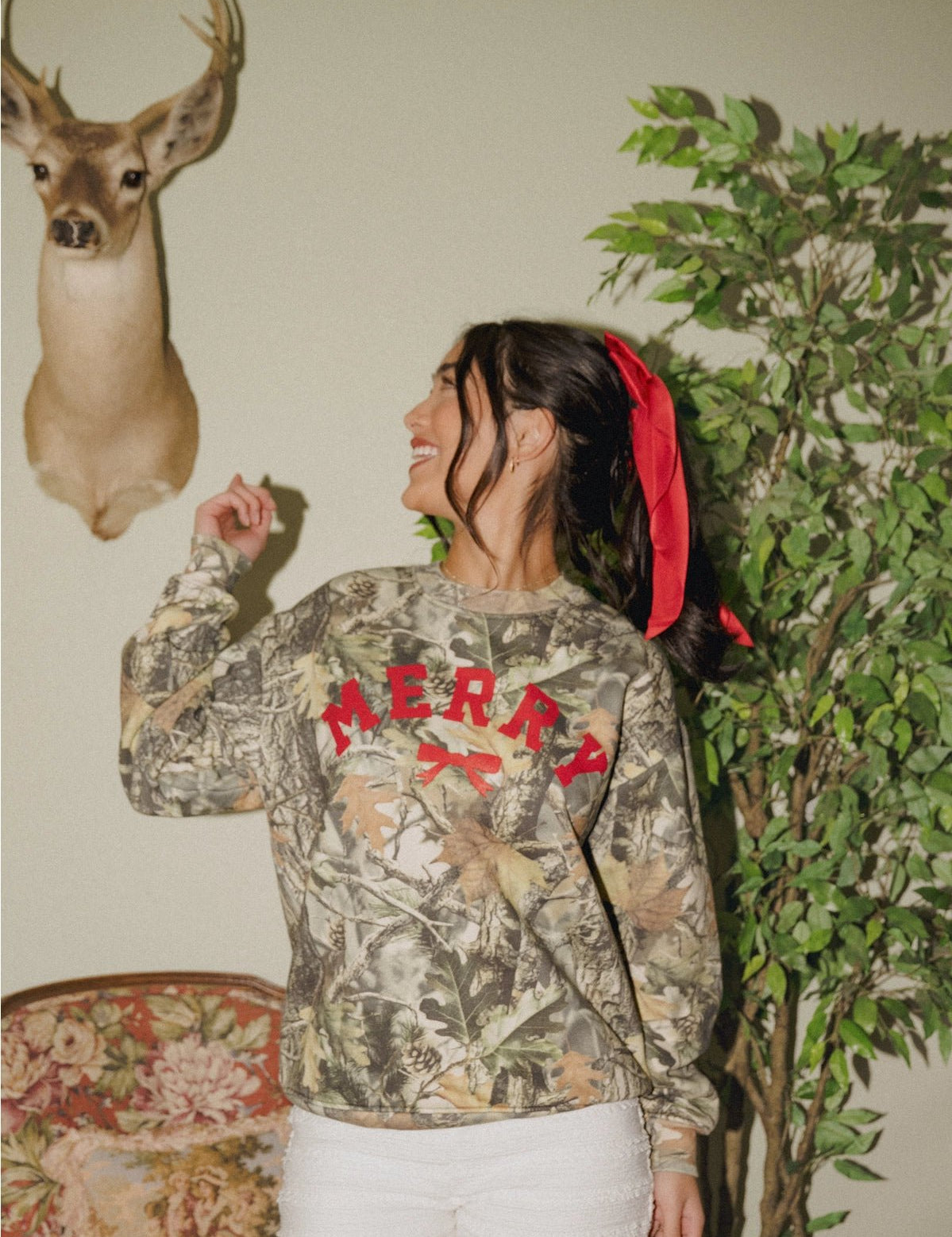 Merry Bow Christmas Tree Camo Graphic Sweatshirt - PREORDERS