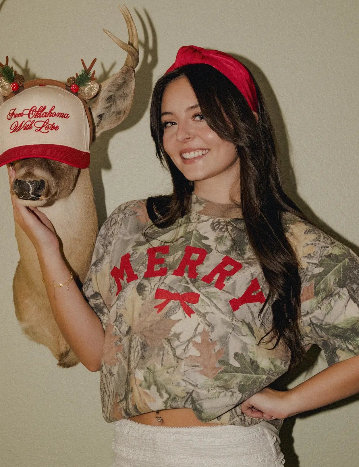 Merry Bow Christmas Tree Camo Graphic Tee - PREORDERS