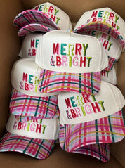 Merry & Bright Embroidered Plaid Trucker Hat