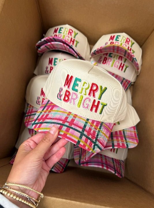 Merry & Bright Embroidered Plaid Trucker Hat