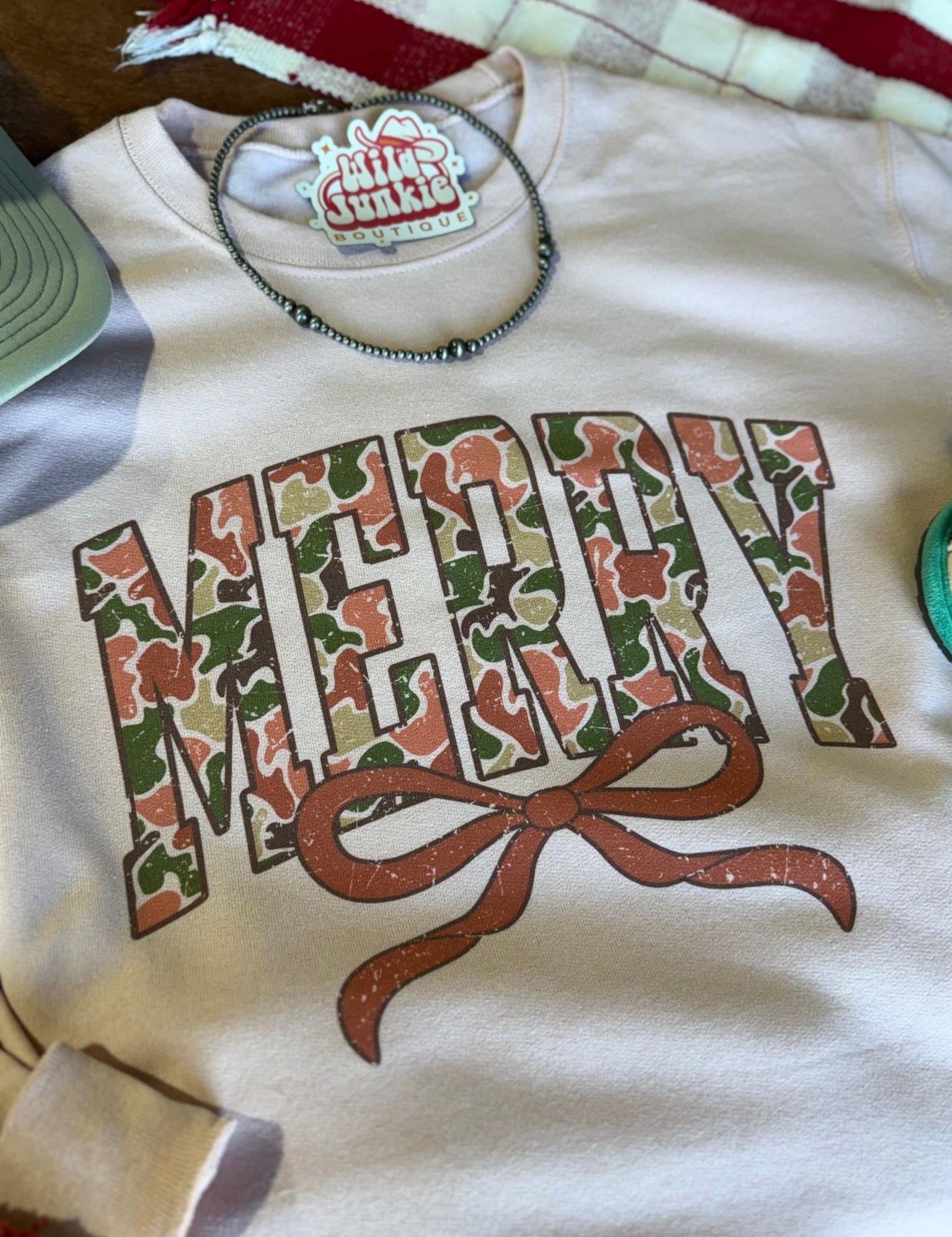 Merry Christmas Camo Print SweatshirtBlush PinkS