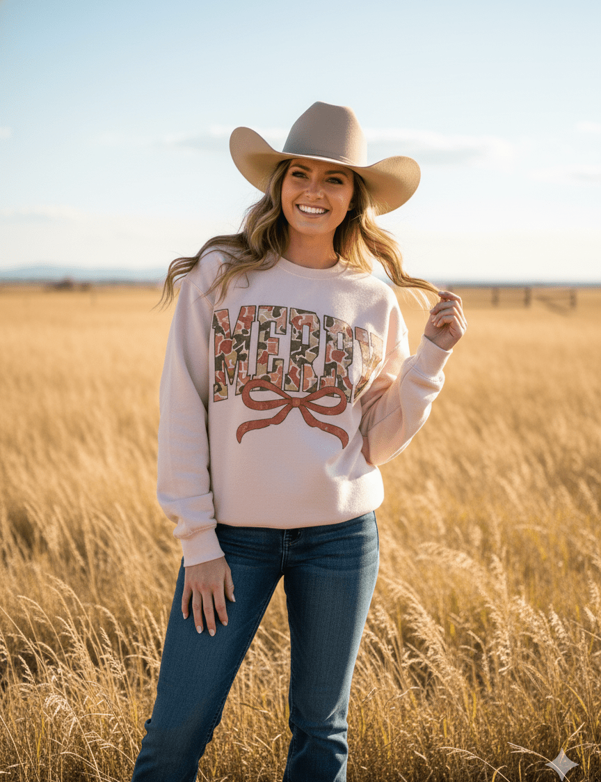 Merry Christmas Camo Print SweatshirtBlush PinkS