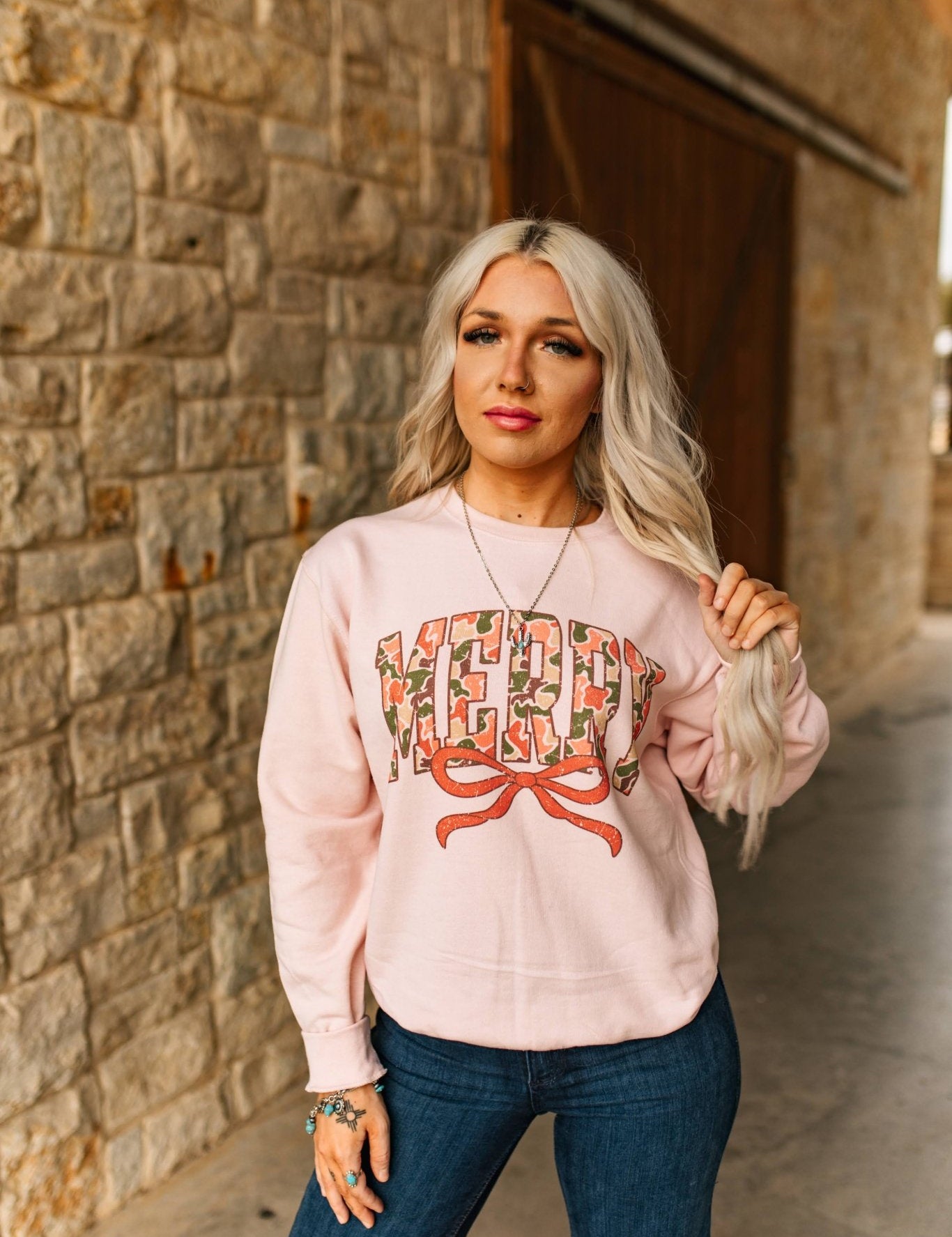 Merry Christmas Camo Print SweatshirtBlush PinkS