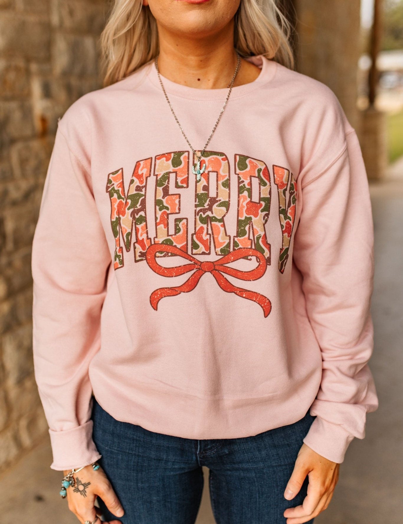 Merry Christmas Camo Print SweatshirtBlush PinkS