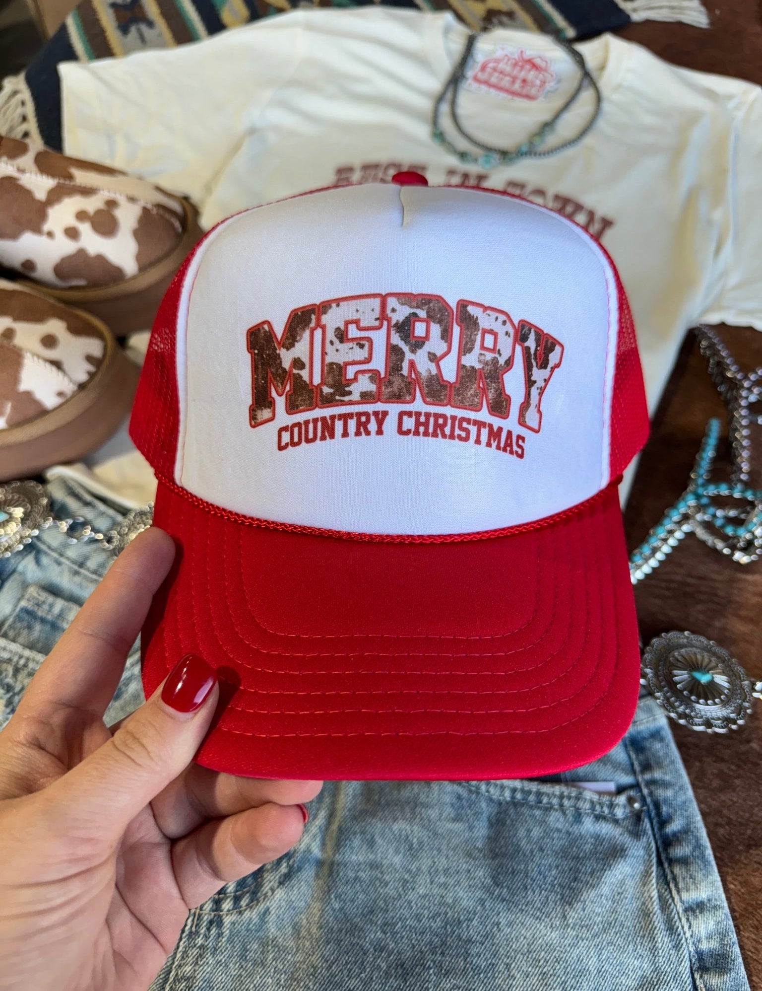 Merry Country Christmas Trucker HatRed & White