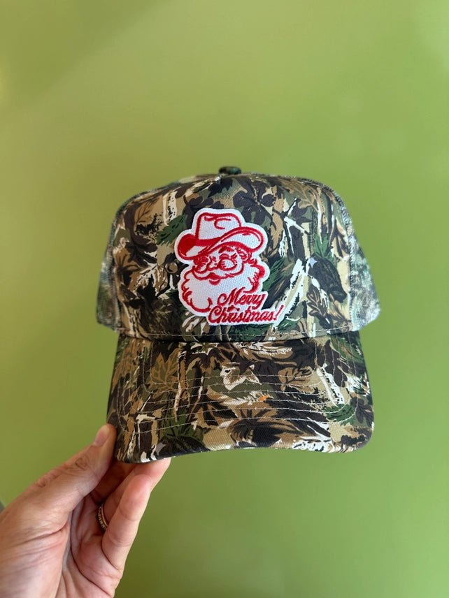 Merry Cowboy Christmas Patch Tree Camo Trucker Hat