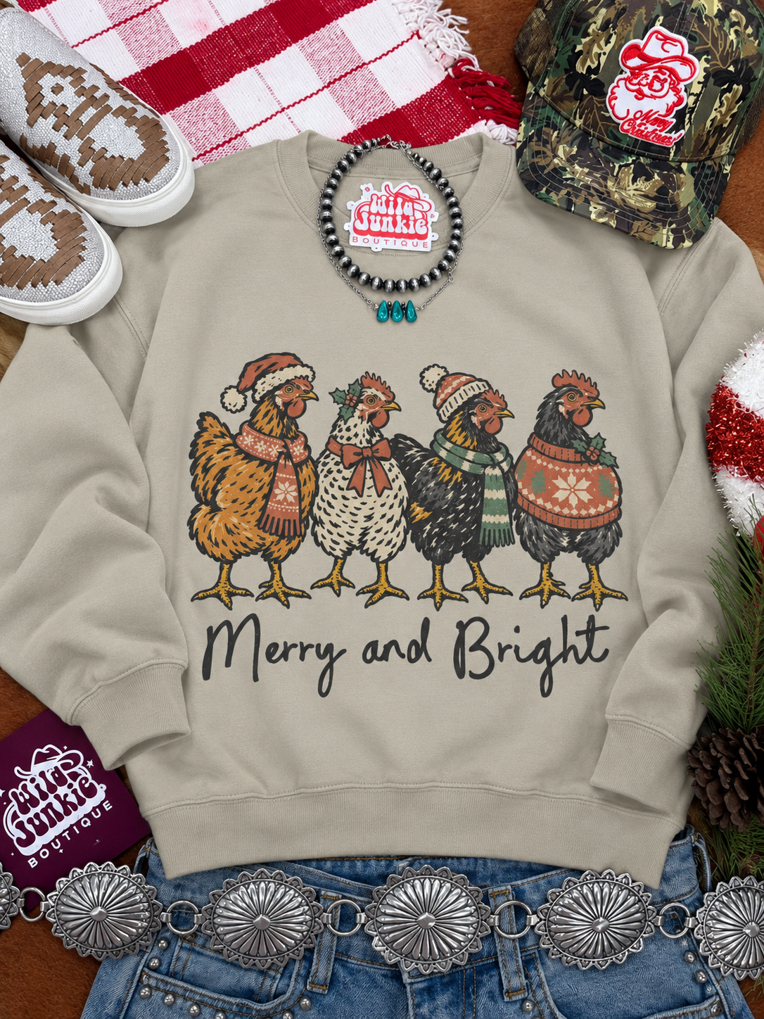 Merry And Bright Christmas Chickens Graphic SweatshirtSand