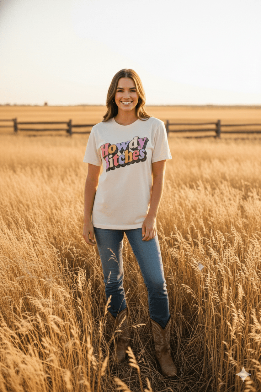 Multicolor Howdy Bitches Graphic TeeS