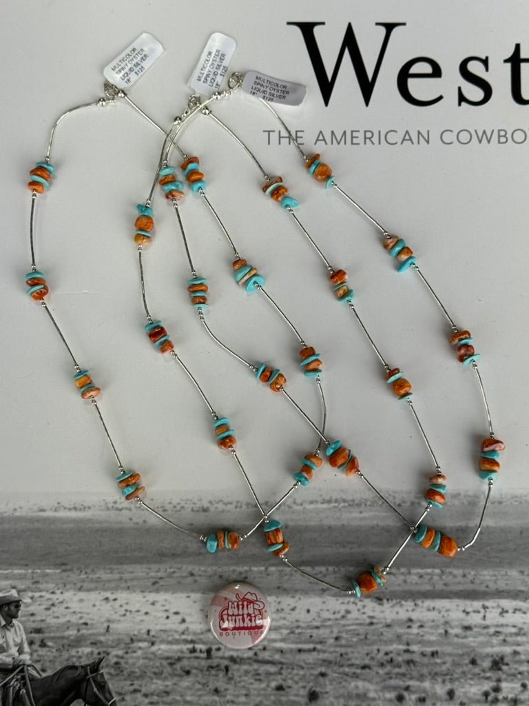 Multicolor Spiny Oyster And Turquoise Silver Necklace