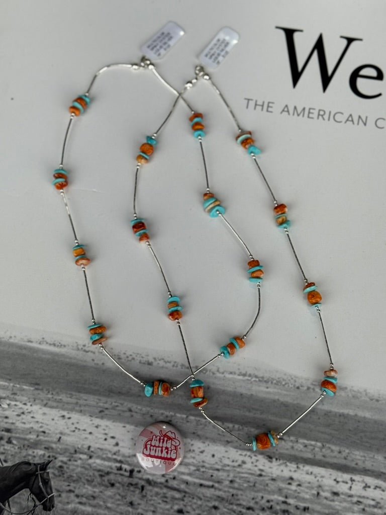 Multicolor Spiny Oyster And Turquoise Silver Necklace