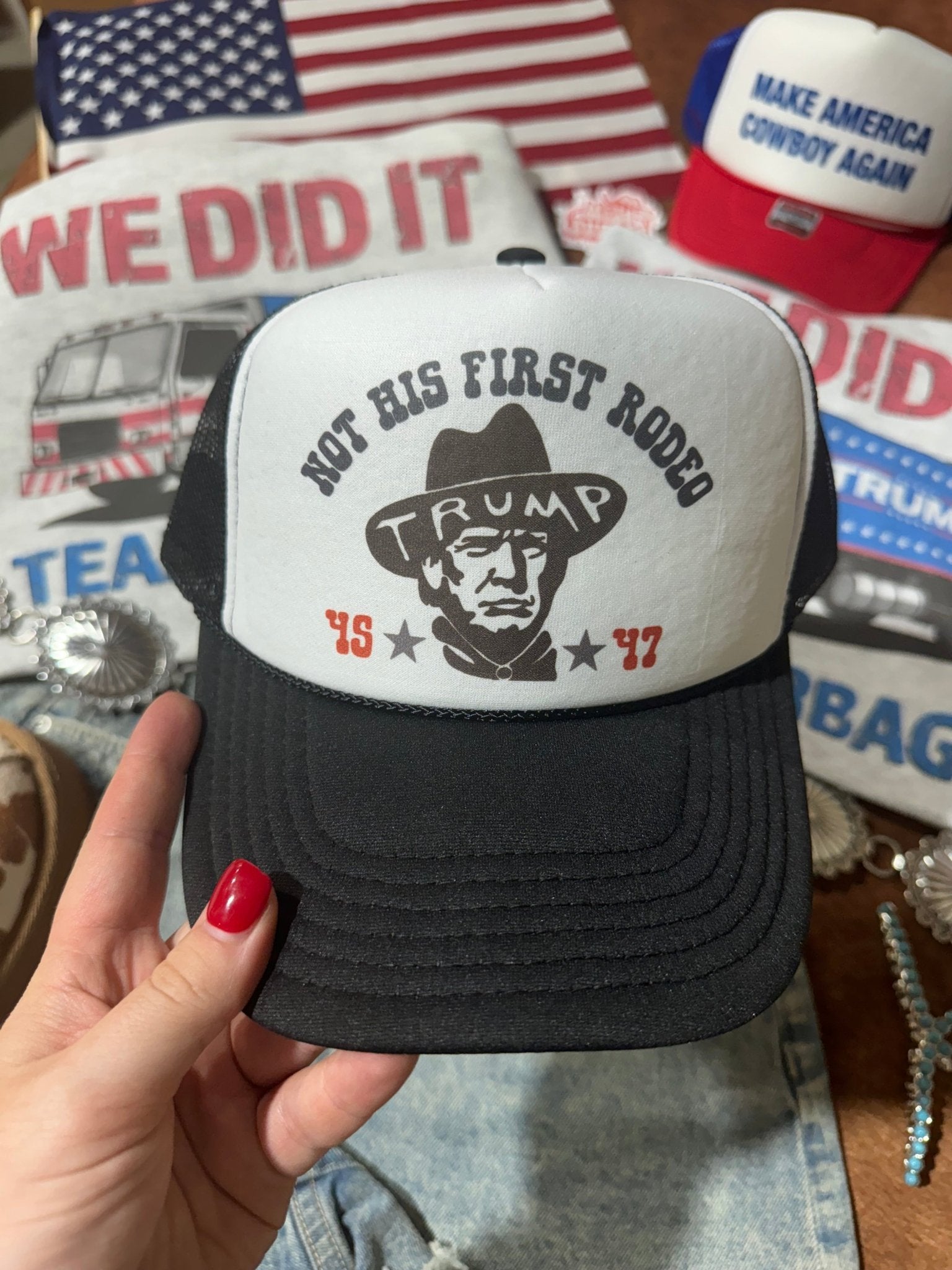 Not His First Rodeo Trump Trucker HatBlack &amp; White