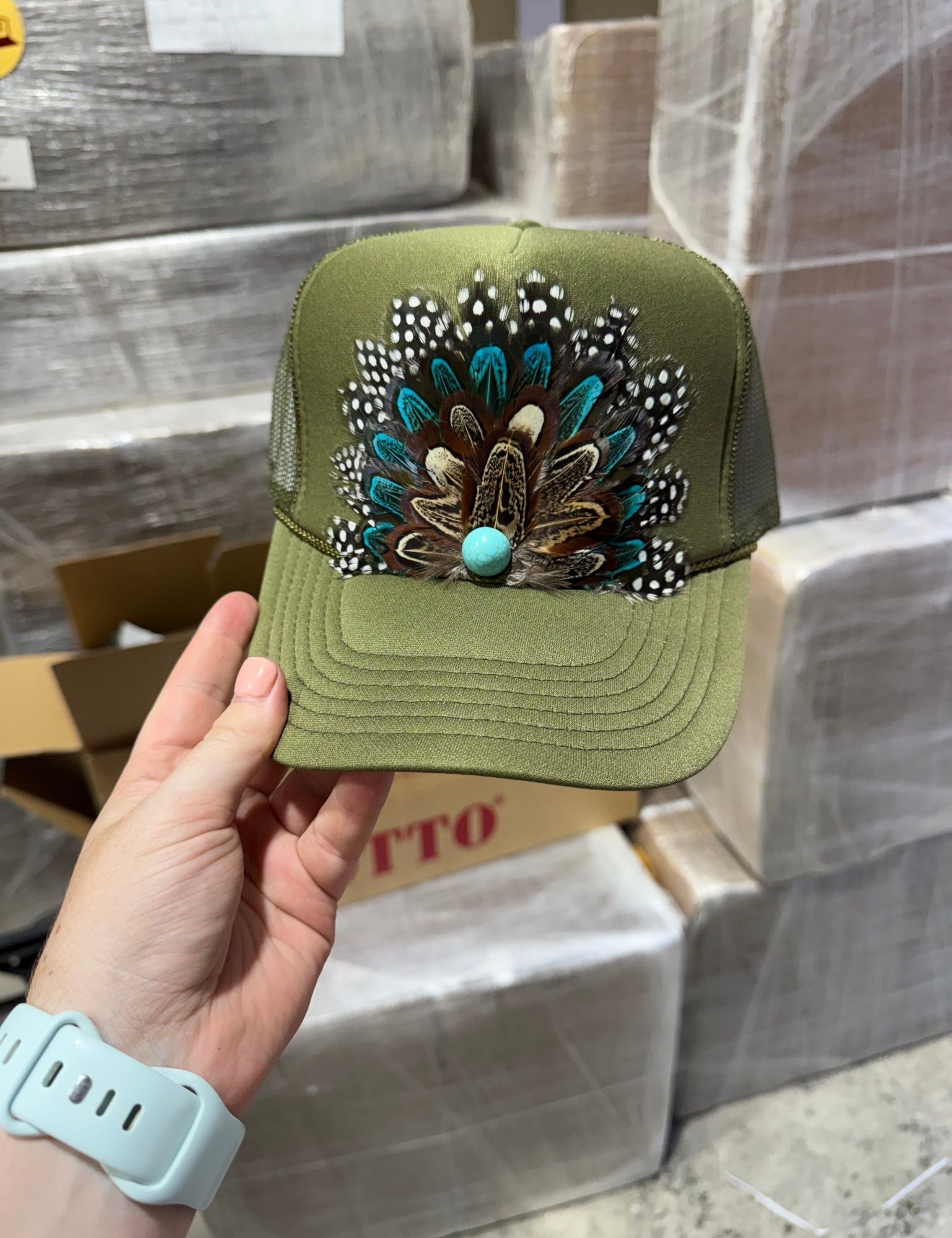 Olive Feather Trucker Hat
